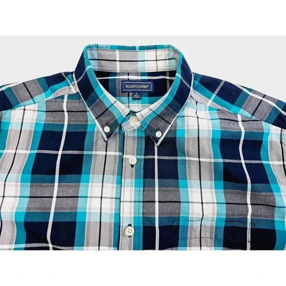 Mason James Size Large Men's White Aqua Gray Blue Check Button Down Pocket Shirt - Picture 10 of 10